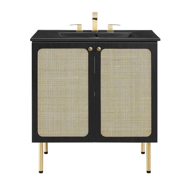 Pemberly Row 30" Wood & Rattan Bathroom Vanity with Adjustable Shelf in Black