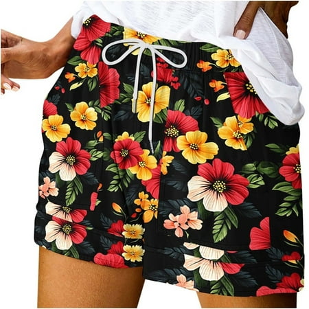 Olyvenn Savings Womens Summer Board Shorts Hawaiian Tropical Print Beach Swim Shorts Casual Loose Drawstring Short with Pockets Multicolor S