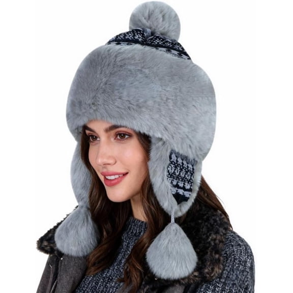 Kukuzhu Women Faux Fur Trapper Hat Cossack Russian Ushanka Hat Winter Warm Ear Flaps Mongolian Cap Furry Pompom Cap