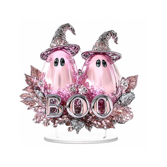 GIPQJK Halloween 2D Acrylic Flat Tabletop Ornament Pink Ghost Witch Hat Shelf Decor Display Piece with Pendant and Base for Party Home Decoration D