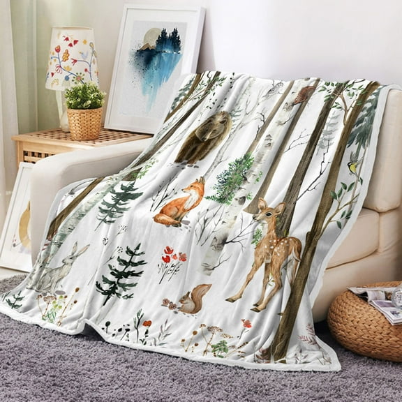 Forest Deer Throw Blanket, Wild Animals Rustic Cabin Forest Throw Blanket, Rustic Vintage Deer Farmhouse Throw Flannel Blankets for Couch Bed, Country Lodge Hunting Plush Cozy Fuzzy Blanket 50" x 60"