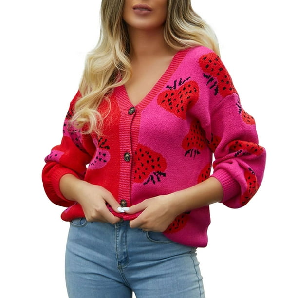 nsendm Womens Shirt Adult Female Clothes Cute Fall Outfits Women's Autumn  And Winter V Neck Buttoned Strawberry Cardigan Sweater Canoe Sweater Red