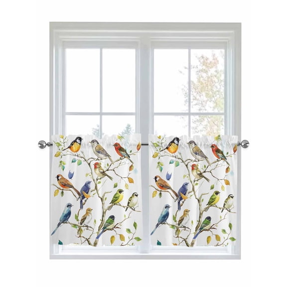 Half Window Curtains 24 Inches Long, Bird Leaf Window Treatment Curtain Drapes, Spring Summer Tree Branch Farmhouse Retro Short Curtains Tiers for Kitchen Over Sink, 27.5"x24", 2 Panels