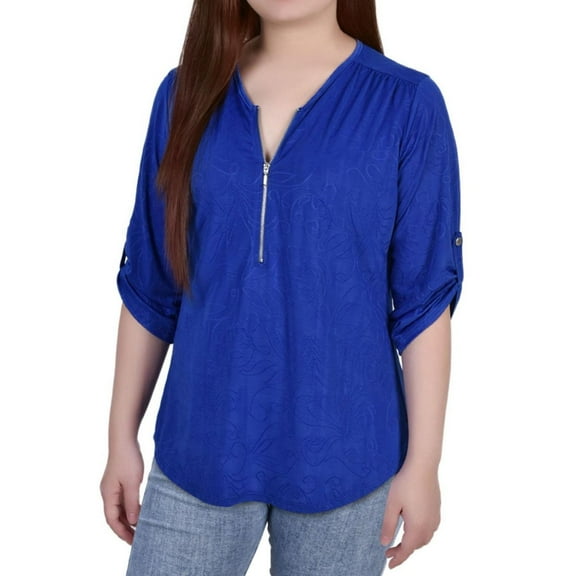 NY Collection Womens Petites Animal Print Stretch Button-Down Top