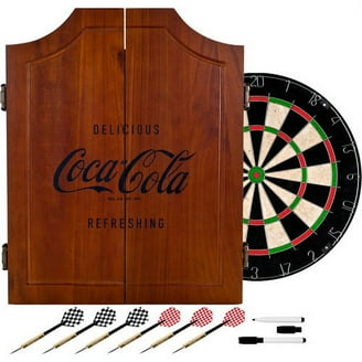 Coca-Cola 6 Pack Dart Board Cabinet Set with 6 Steel Tip Darts