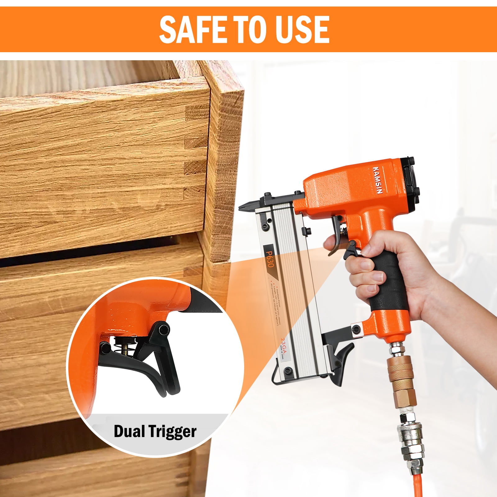 KAMSIN P630 Pneumatic 23 Gauge Pin Nailer Accepts 3/8" to 1-3/16" Pin Nails, Micro Pinner Gun for Assembly and Woodworking Projects