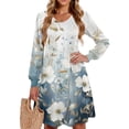 thumbnail image 2 of Ladies' Printed Casual Fashion V-Neck Long Sleeve Mid Length Dress with Floral Style for Spring and Autumn Gatherings,Blue,XL, 2 of 5