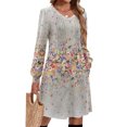 thumbnail image 4 of Ladies' Printed Casual Fashion V-Neck Long Sleeve Mid Length Dress with Floral Style for Spring and Autumn Gatherings,Light Gray,L, 4 of 5