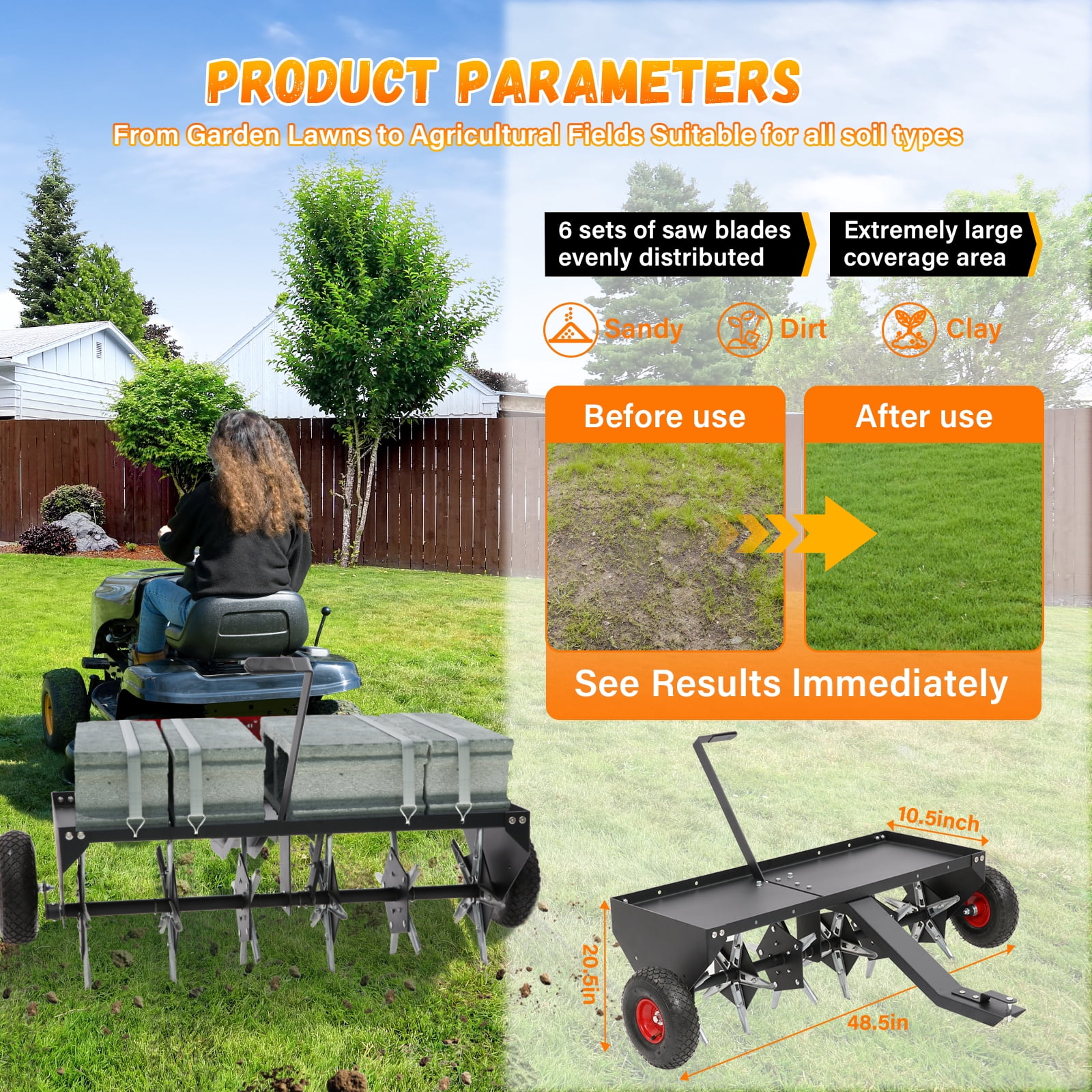 48-Inch Tow Behind Lawn Plug Aerator with Universal Hitch, 30 Galvanized Steel Tines, Weight Tray & Inflatable Wheels for Gardens, Lawns, Farms