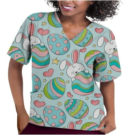 

muxika Blouse For Women Women Scrubs Top Easter Day Uniform Working Clothing Print V Neck Short Sleeve Tops With Pocket