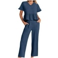 thumbnail image 1 of Besolor Women's Cotton Linen Lounge Set Short Sleeve Ruffle Top Wide Leg Pants Loungewear Outfits Tracksuits with Pockets, 1 of 7