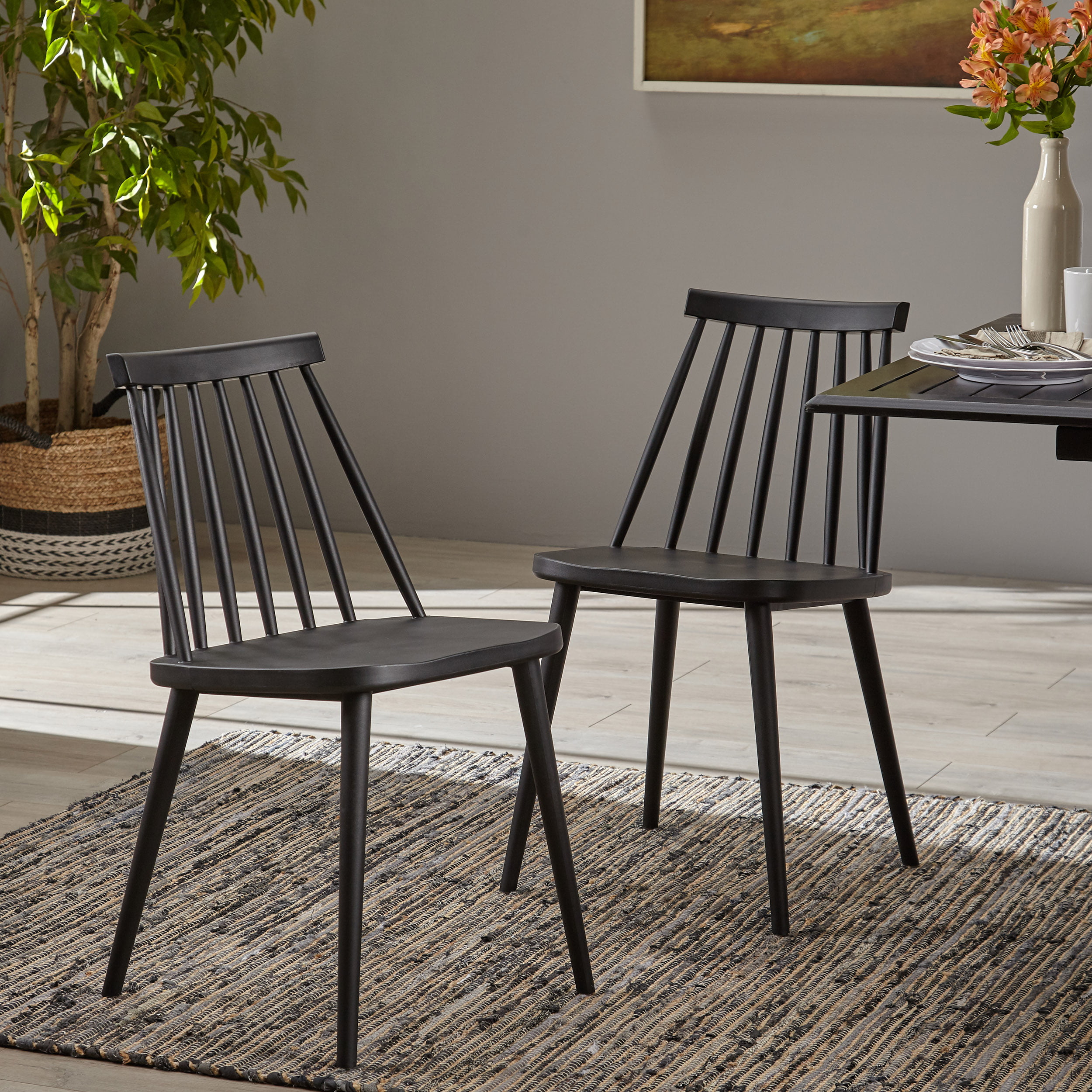 Noble House Erica Farmhouse Spindle-Back Dining Chair, Set of 2, Black