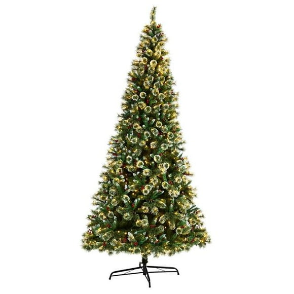 Nearly Natural T3049 10 ft. Frosted Swiss Pine Artificial Christmas Tree with 850 Clear LED Lights & Berries