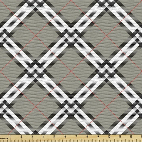 Abstract Sofa Upholstery Fabric by the Yard, Royal Scottish Tartan Featured Aristocrat Medieval Design, Decorative Fabric for DIY & Home Accents, 1 Yard, Grey Black White by Ambesonne