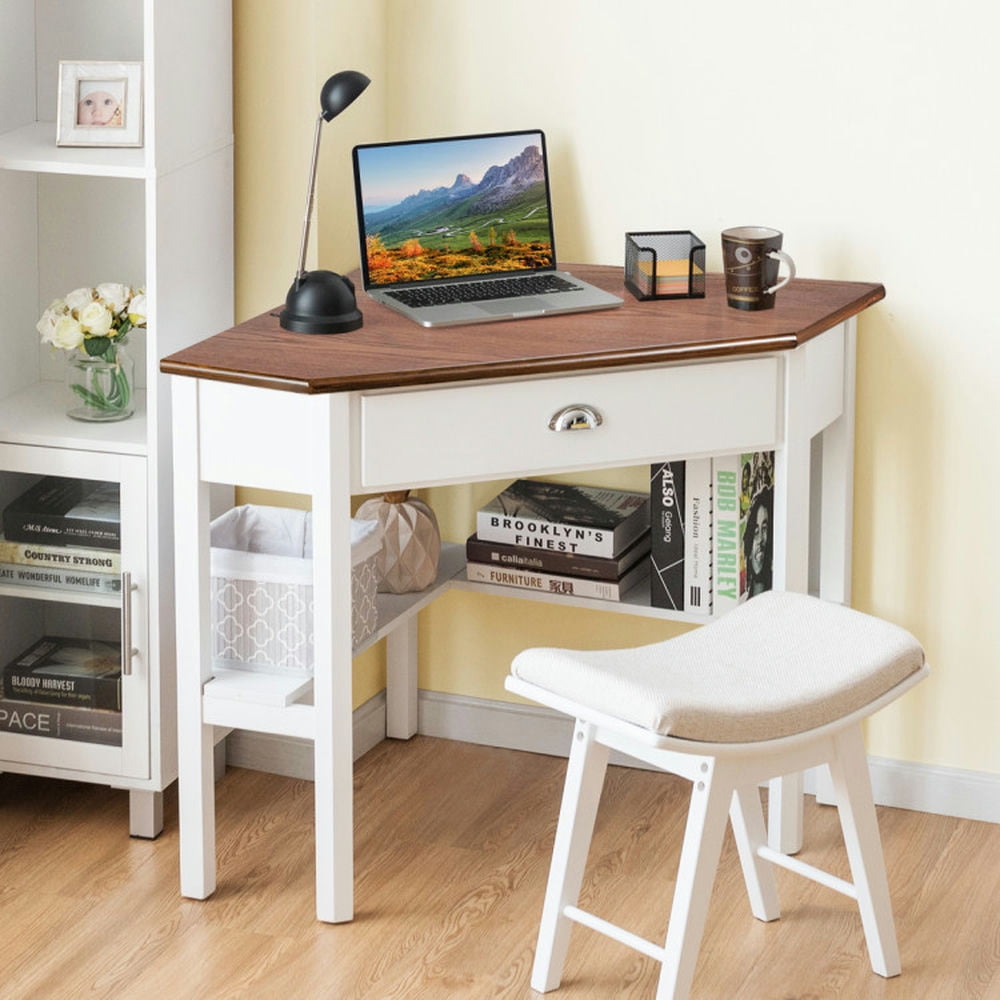 Demi Bonn Corner Wooden Piece Laptop Computer Desk, Small Home Office Desk Study Writing Table, White