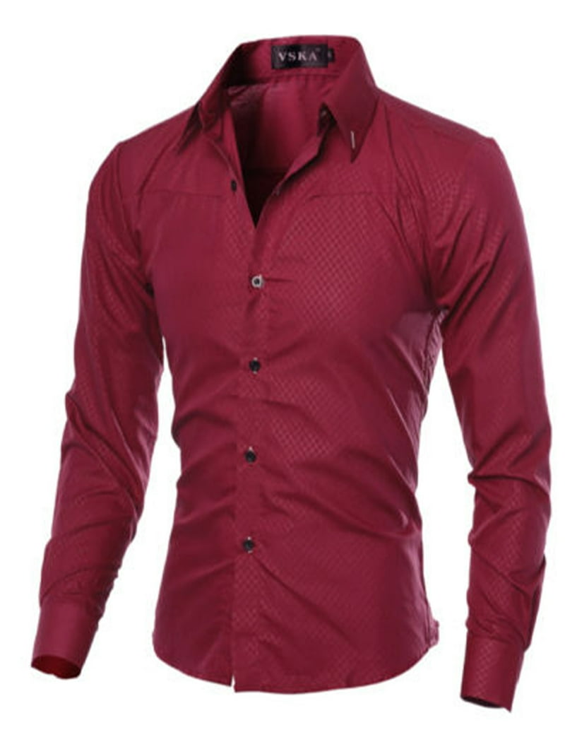 CenturyX Men's Long Sleeve Button Up Shirts Solid Slim Casual Business Office Dress Shirt Wine red L - Walmart.com