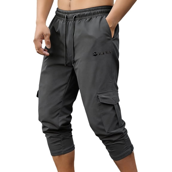 USNSM Mens 3/4 Pants Workout Jogger Casual Fashion Capri Pants Drawstring Elastic Waist Pant with Multi Pockets for Running Gray M