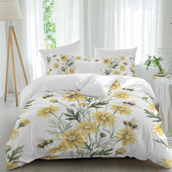 Yellow Daisy 4 piece Duvet Cover Set, Comfort Bedding Set Queen Size Include a Duvet Cover, a Bed Sheet, 2 Pillowcase with Zipper for All Season