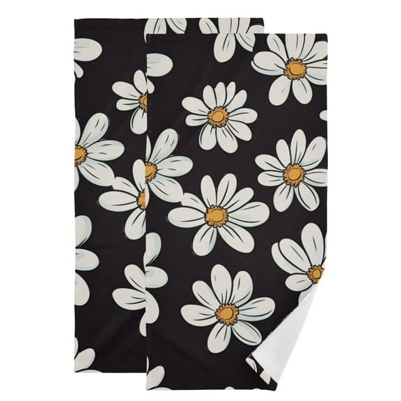 White Daisies Black Background Hand Towel Absorbent Bath Towels for Bathroom Sports Gym(28.3" X 14.4") Set of 2