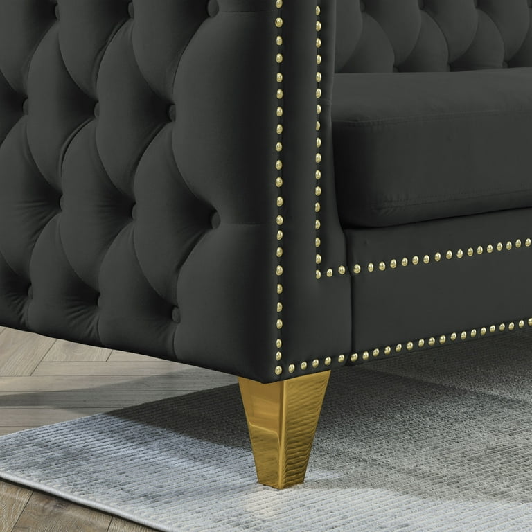 Velvet Two Seater Sofa with Buttons Tufted Square Arm Modern Chesterfield Sofa with Metal Legs Upholstered Couch with Nailhead Trim for Bedroom Living