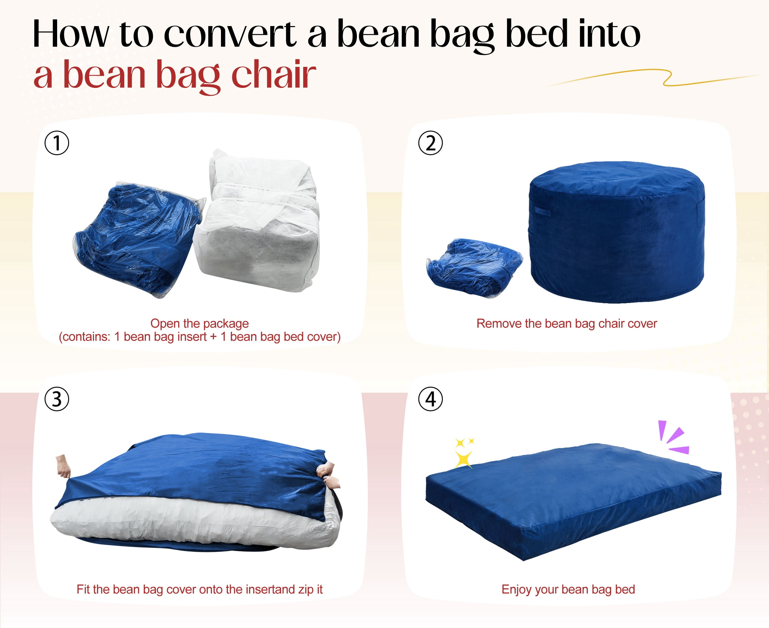Hobestluk Bean Bag Chair 3 in 1 Beanbag Chairs for Adults, Large Bean Bags with Removable Velvet Cover, Convertible Adult Bean Bag Chair for Living Room, Bedroom, Playroom (Blue, Queen)