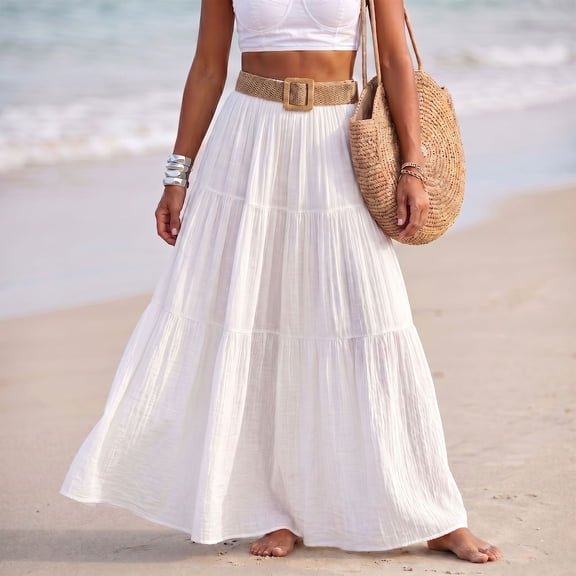 Linen Skirts for Women Casual Flowy Tiered Maxi Skirt Comfy Vintage Beach Travel High Waisted Boho Skirt with Belt S