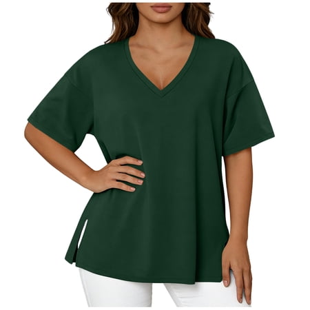 Brnmxoke Womens Cotton Tops Short Sleeve Plus Size Vneck Pullover Tshirts Dressy Casual Side Slit Summer Loose Fit Blouses Green XXXXL