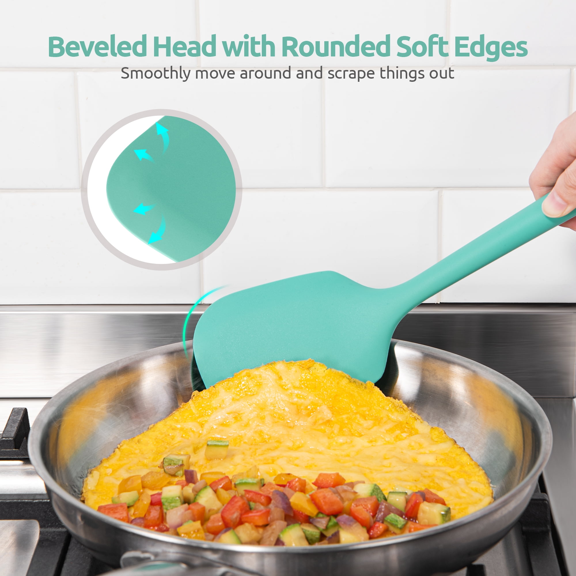Silicone Kitchen Cooking Utensil Set: U-Taste 446°F Heat Resistant 13.6in Long Kitchen Gadget, BPA Free Non Stick Rubber Cook Accessories For Stir Fry, Serving, Basting, Mixing (5 Pieces, Aqua Sky)