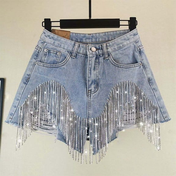 ZHOGXU Women's Denim Shorts Solid Color High Waist Diamond Tassel Chain A Line Fashion Casual Shorts For Daily Wear,Blue,L
