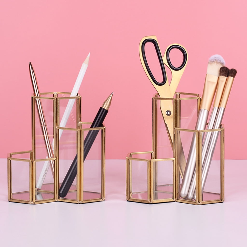 Glass Gold Pen Holder Hexagon Shaped for Desk Pens Rulers Makeup Brush Storage Gilde Multifunctional Combination for Case Container