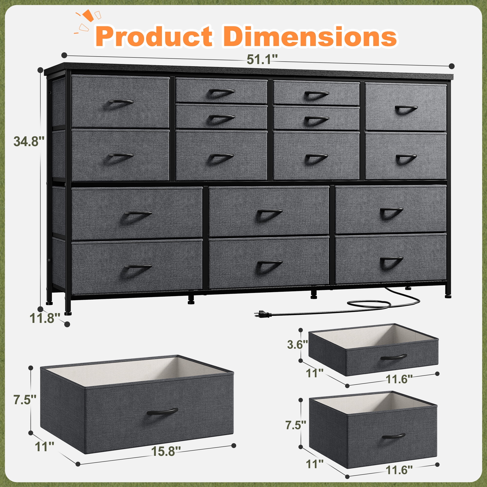 Romorgniz Dresser for Bedroom with 16 Drawers for Closet Fabric Dressers & Chests of Drawers TV Stand with Charging Station, Gray