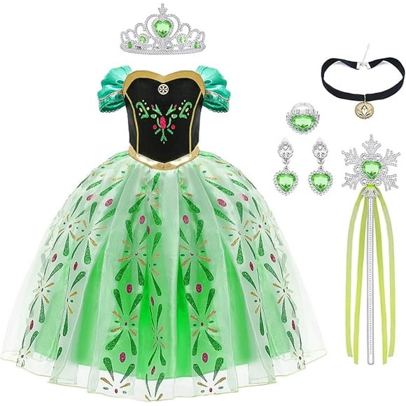 Girls' Anna Costume Dress, Children's Princess Costume for Carnival Party Cosplay Fancy Dress Halloween Party Birthday with Accessories Crown Wand