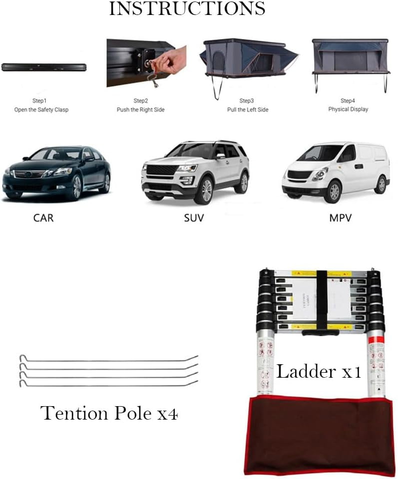Rooftop Tent Hard Shell, Overland Rooftop Tent for Van Jeep SUV Truck Car Tent,Aluminum Alloy roof Tent Waterproof 2-3 People pop up Tents for Camping