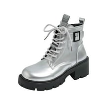 Dasayo Silver Boots Women Ankle Chunky Motorcycle Kitten Heel Lace up Furry Round Toe Boots Shoes Women 39