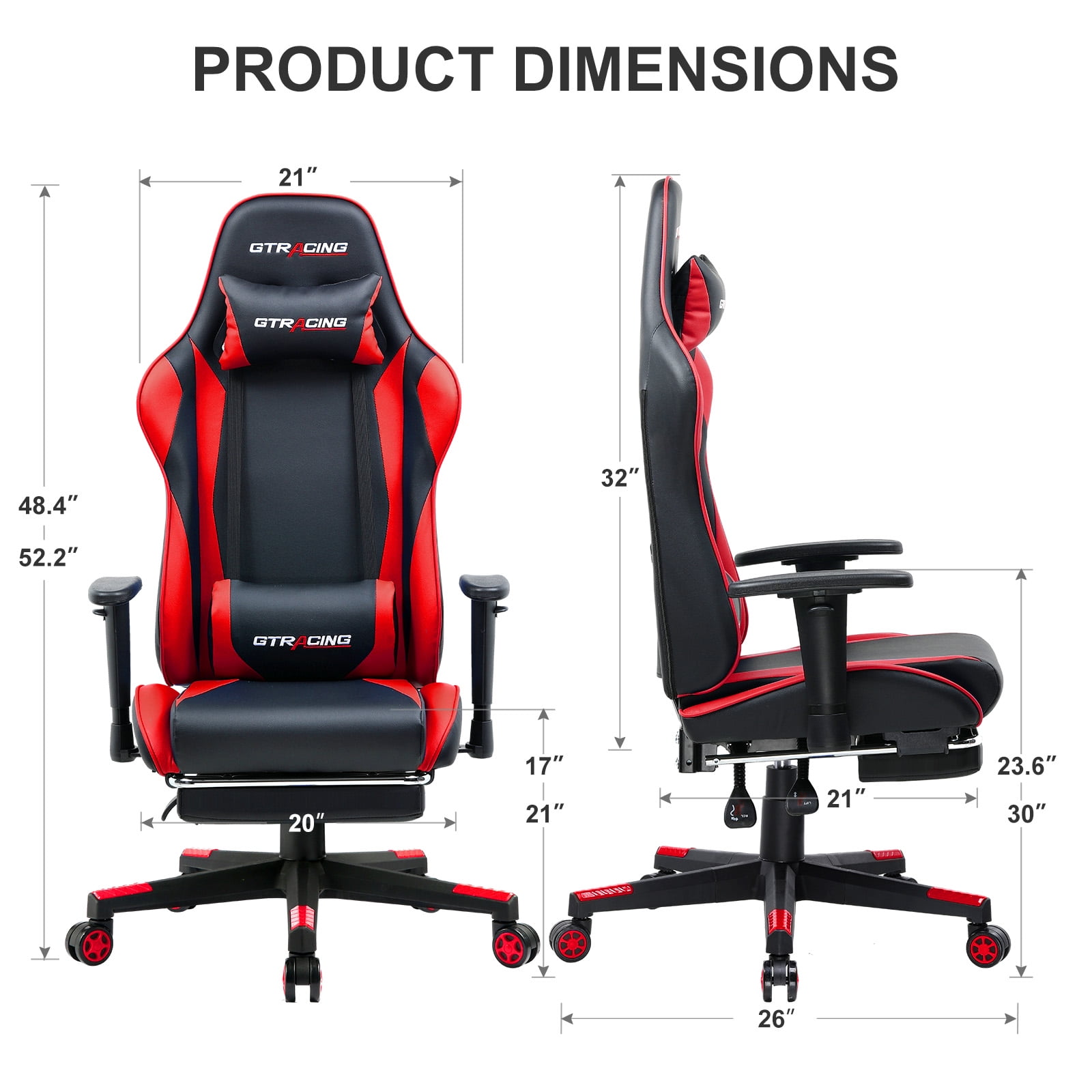 GTRACING Gaming Chair with Footrest Ergonomic Reclining Office Chair Swivel Rocker, Red