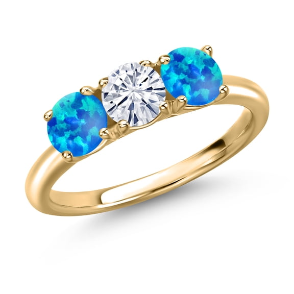 Gem Stone King 10K Yellow Gold White Moissanite and Simulated Blue Opal Engagement Ring for Women | 1.50 Cttw | Round 5MM | Gemstone Birthstone | Size 8