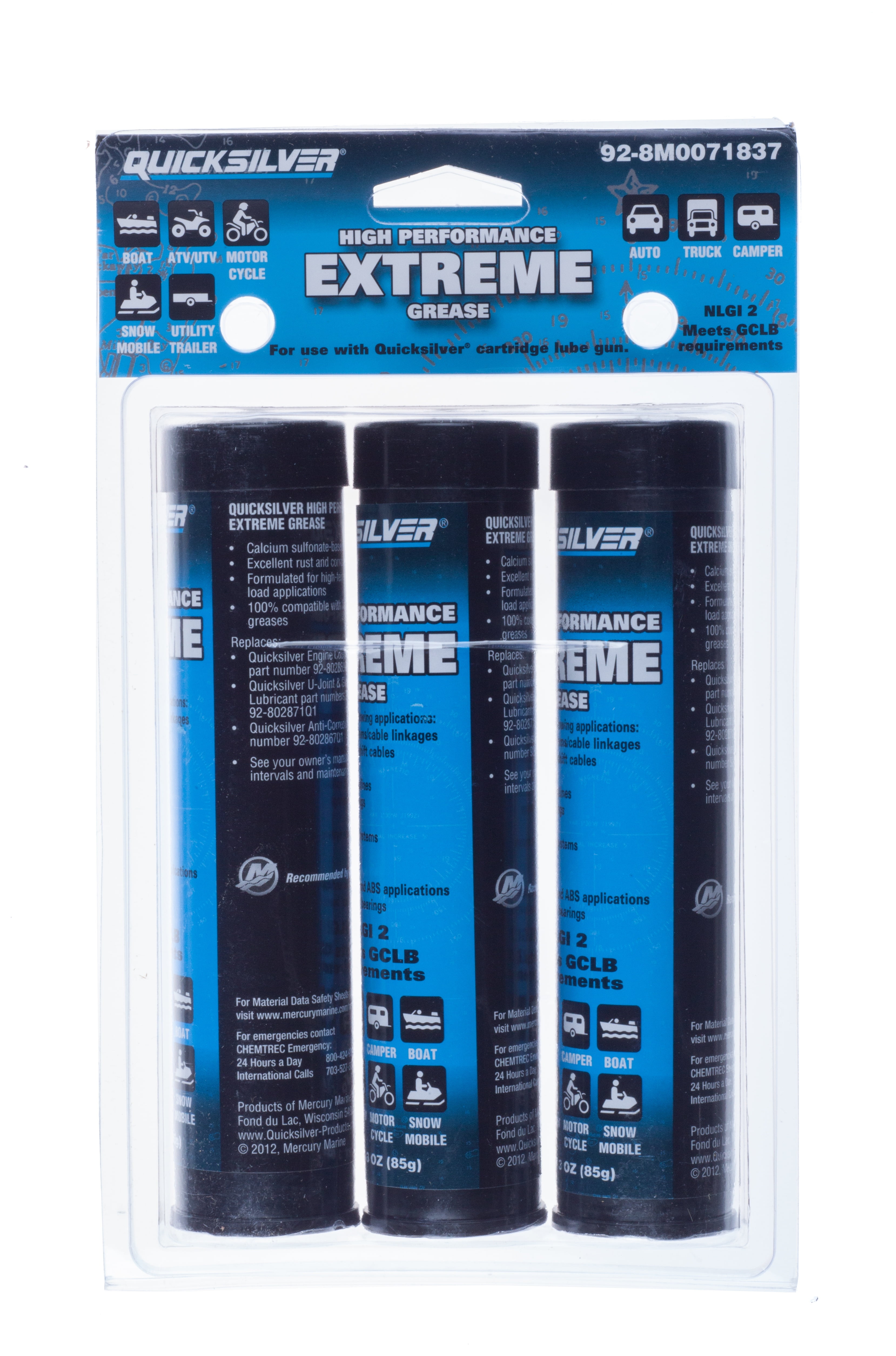 Quicksilver 8M0071837 High Performance Extreme Grease/Lubricant w/ PTFE, 3 Oz. Cartridges, Pack of 3