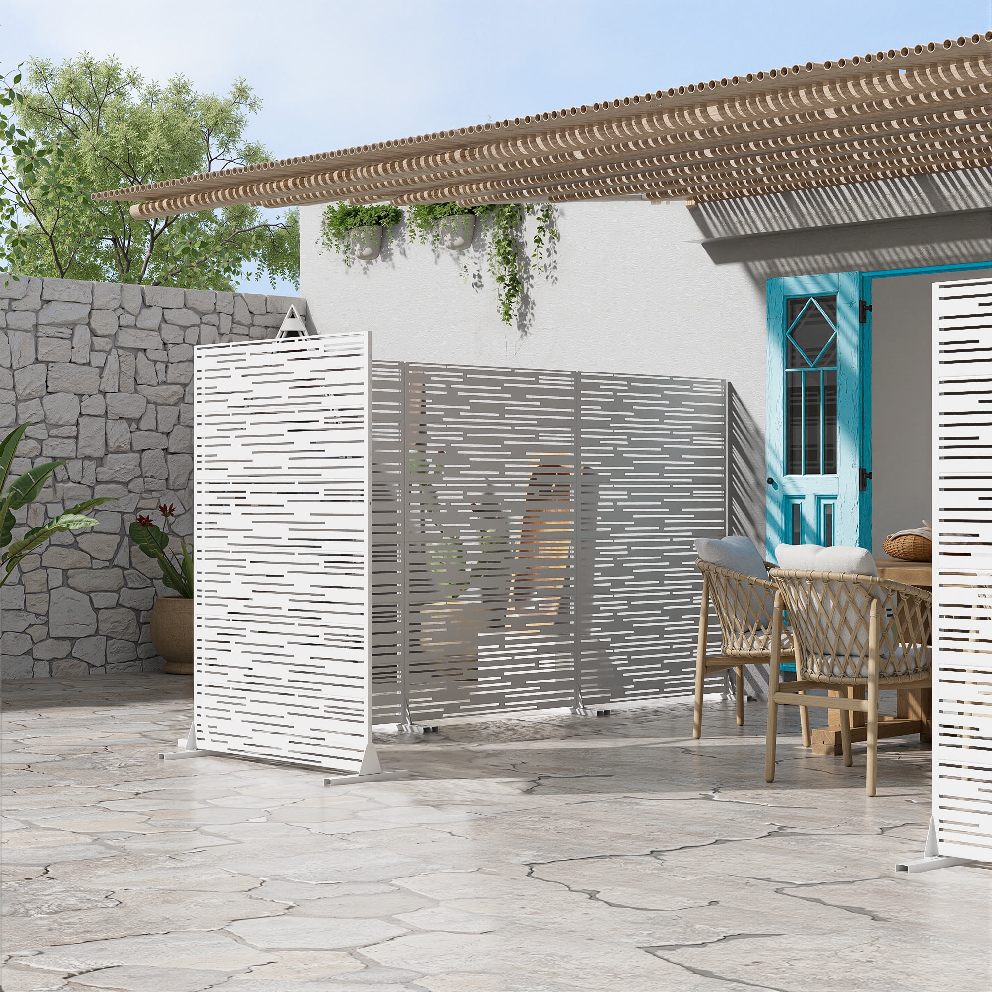 MAYEERTY 72×47" Outdoor White Metal Privacy Panel Screen for Backyard & Garden, Shadow Play Pattern