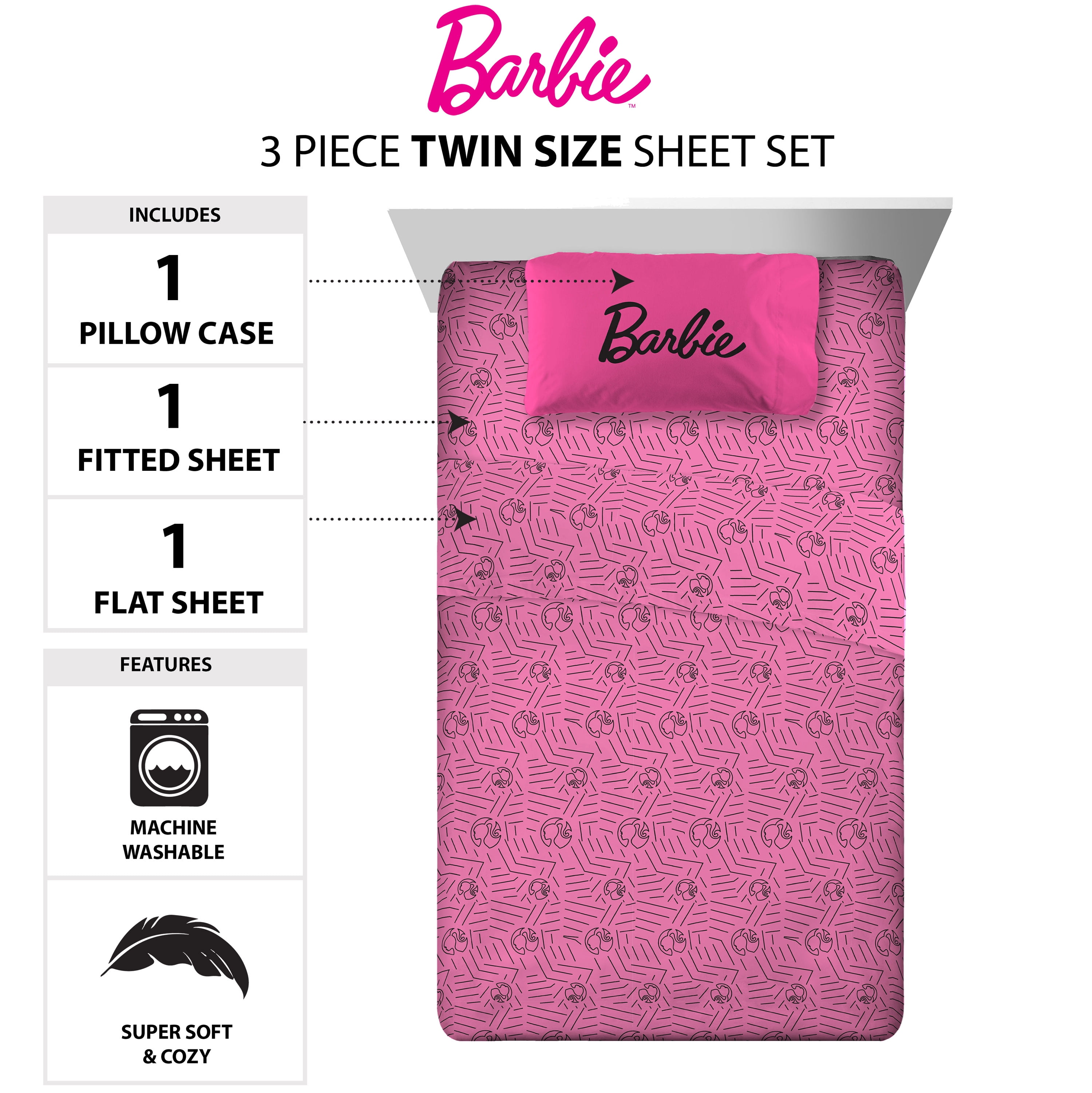 Mattel Barbie TWIN Bed Sheets Flannel 2 Complete Sets Flat Fitted