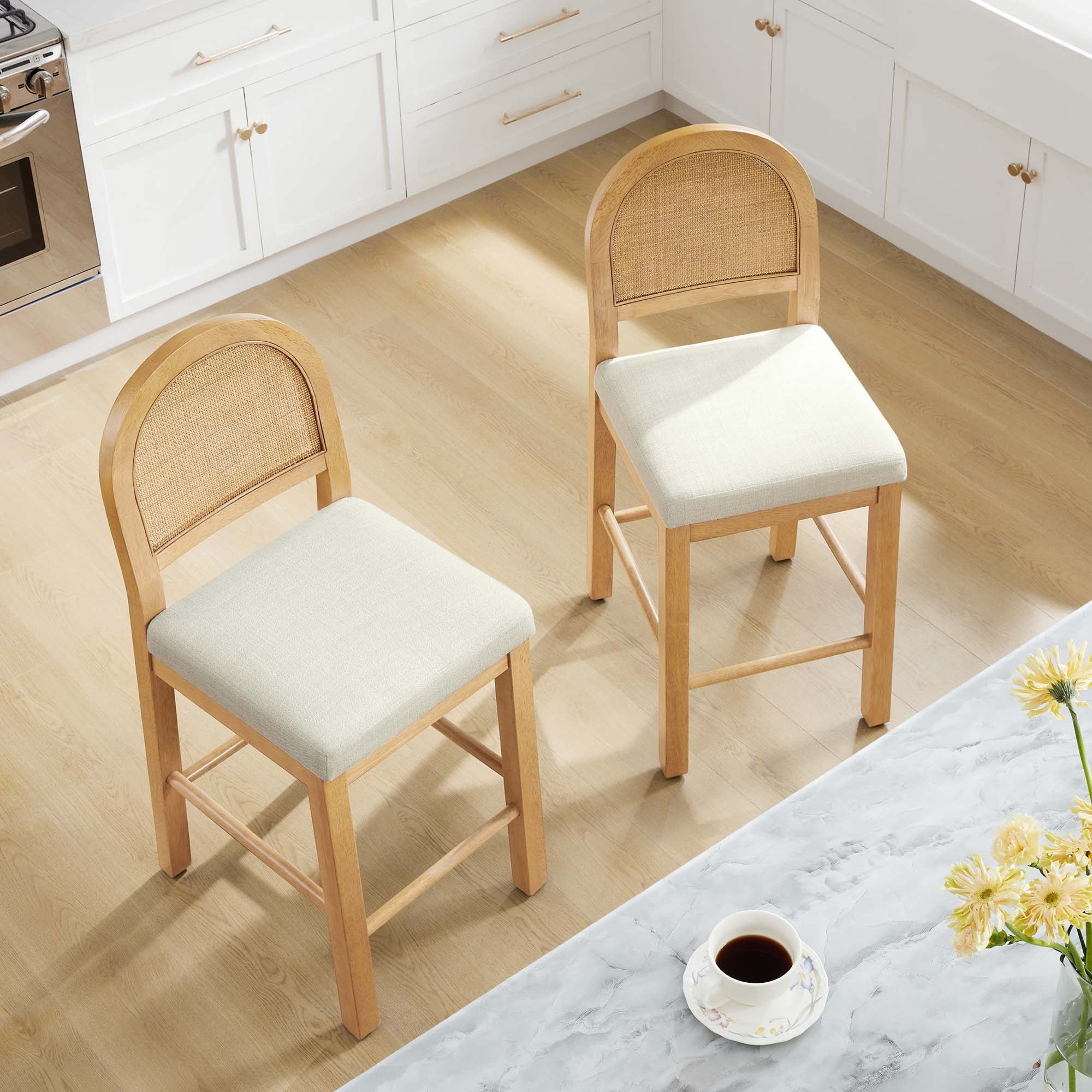 Spruce & Spring Boho Rattan Counter Stool with Solid Wood Frame and Upholstered Seat Set of 3, Natural