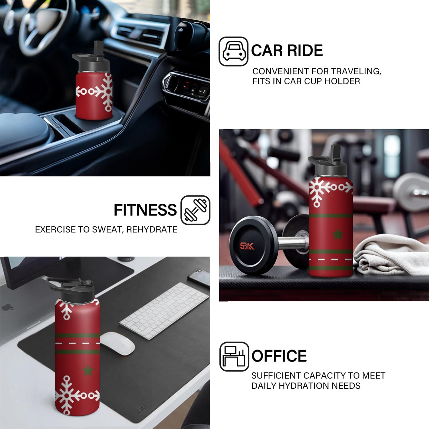 Christmas 18 oz Insulated Stainless Steel Water Bottle with Straw & Cleaning Brush , Leakproof, BPA-Free, 304 Stainless Steel, Wide Mouth, Travel Mug for Car, Gym, Office