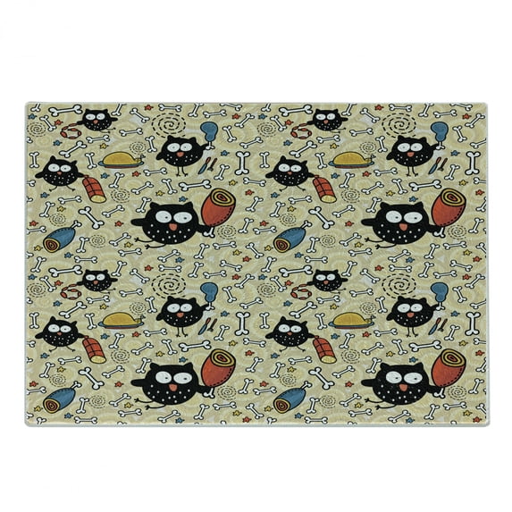Cartoon Cutting Board, Hungry Owls Lots of Bones and Chunks of Meat Eating Drawing Sketch, Decorative Tempered Glass Cutting and Serving Board, Small Size, Black Multicolor, by Ambesonne