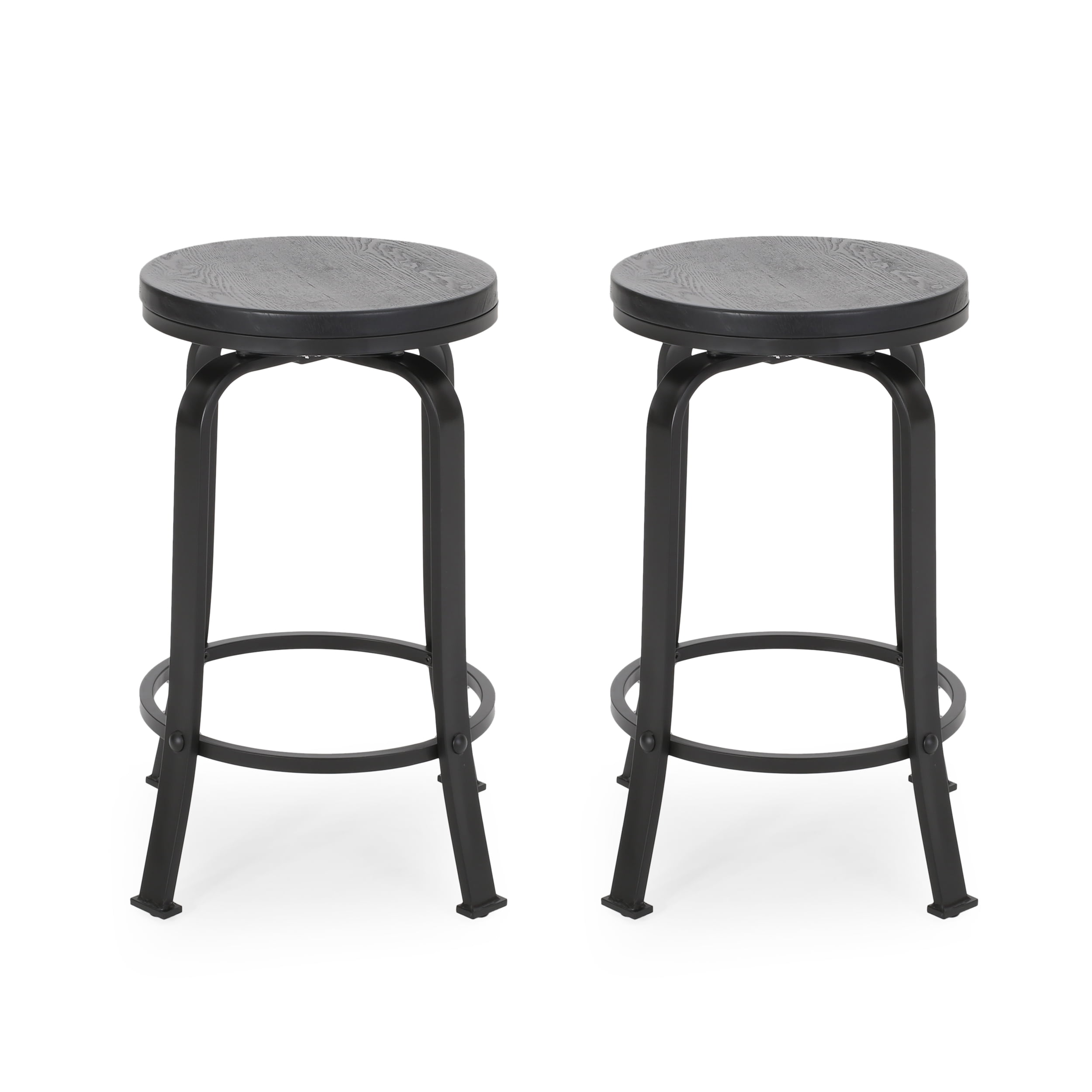 Noble House Salome Modern Industrial Faux Wood Overlay Swiveling Counter Stool, Set of 2, Black