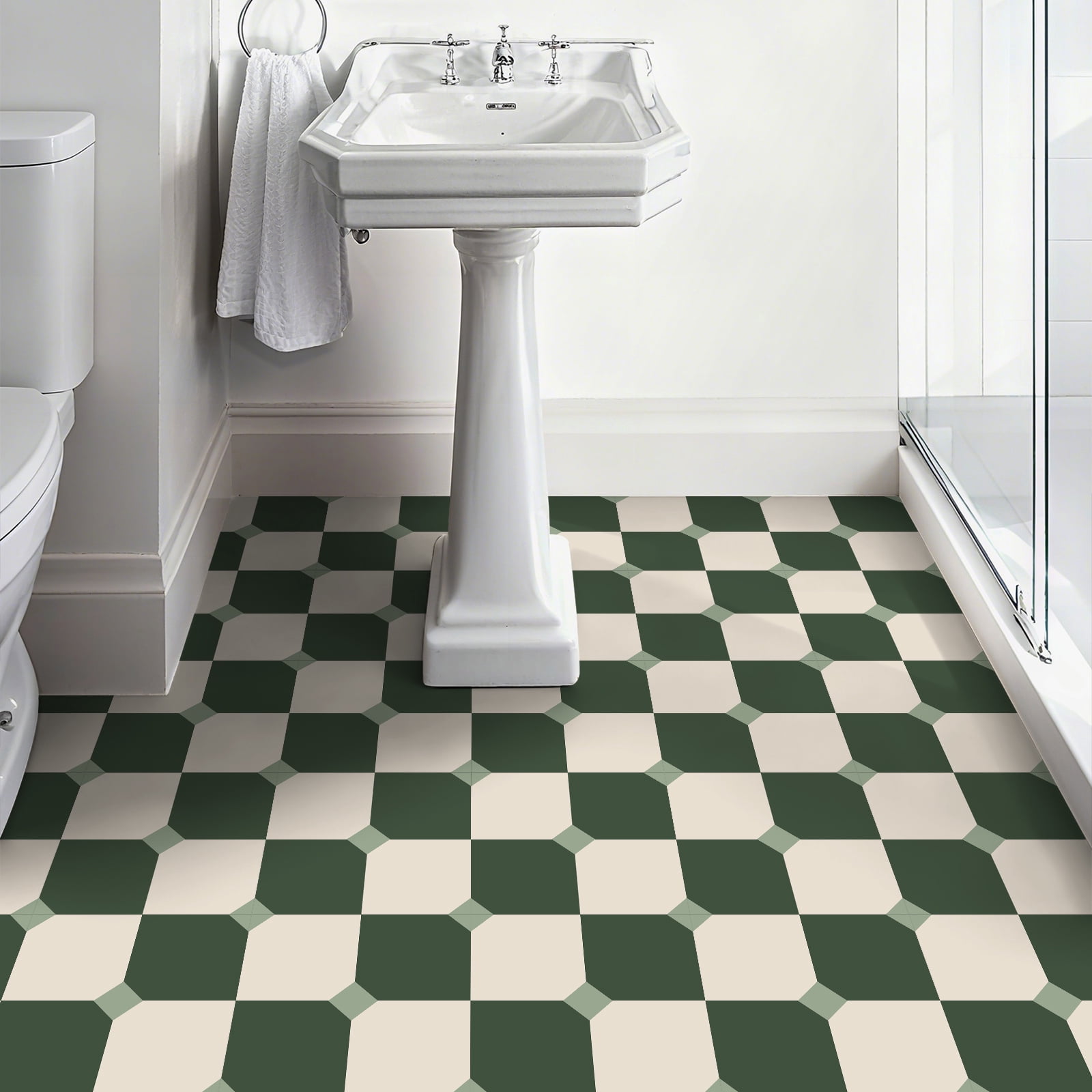DEWOO 12" x 12" Peel and Stick Floor Tile, 10 PCS Self-Adhesive DIY Vinyl Flooring for Renters, Removable and Waterproof Tile Sticker for Bathroom, Kitchen, Staircase (White Green Grid)