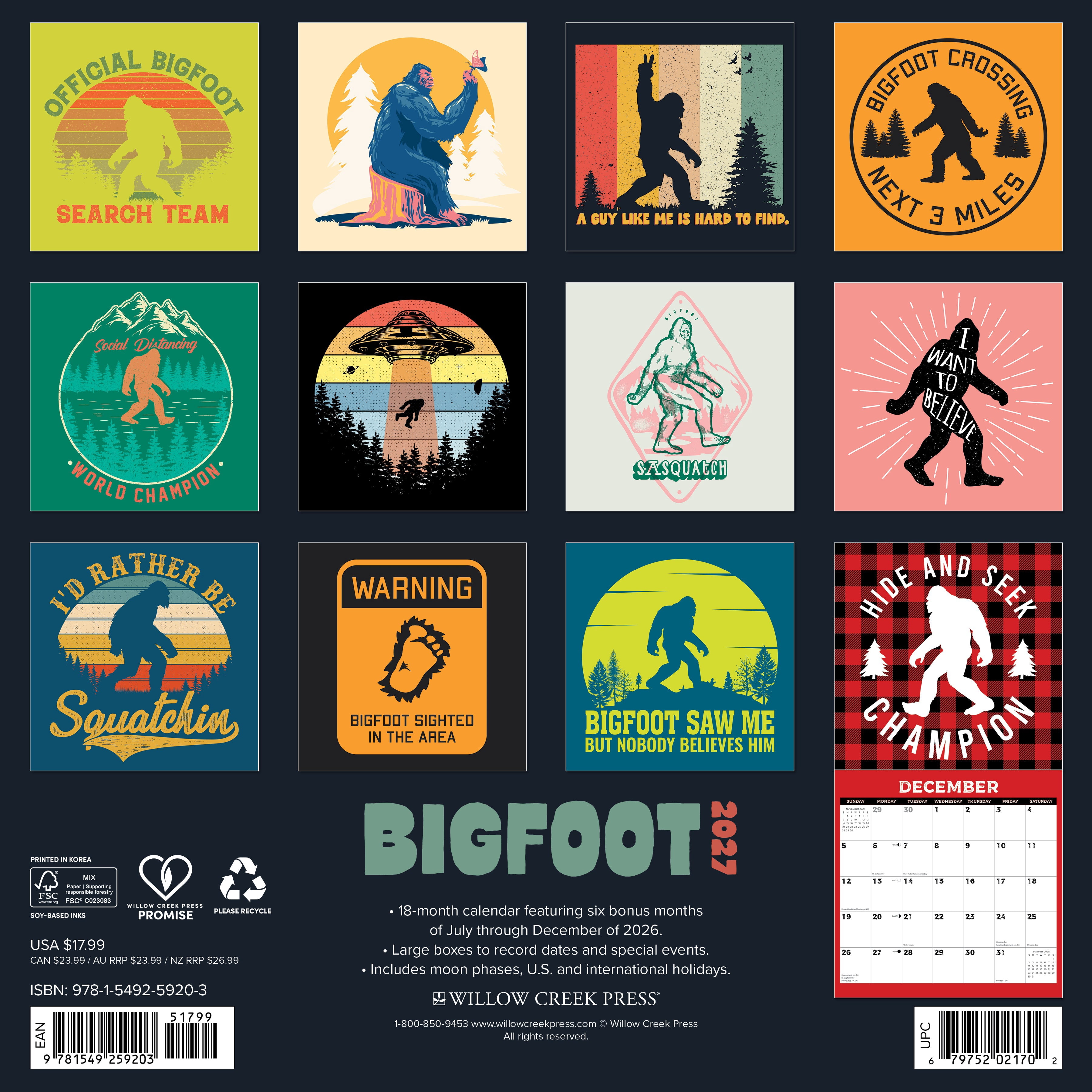 Willow Creek Press, Bigfoot 2027 Wall Calendar