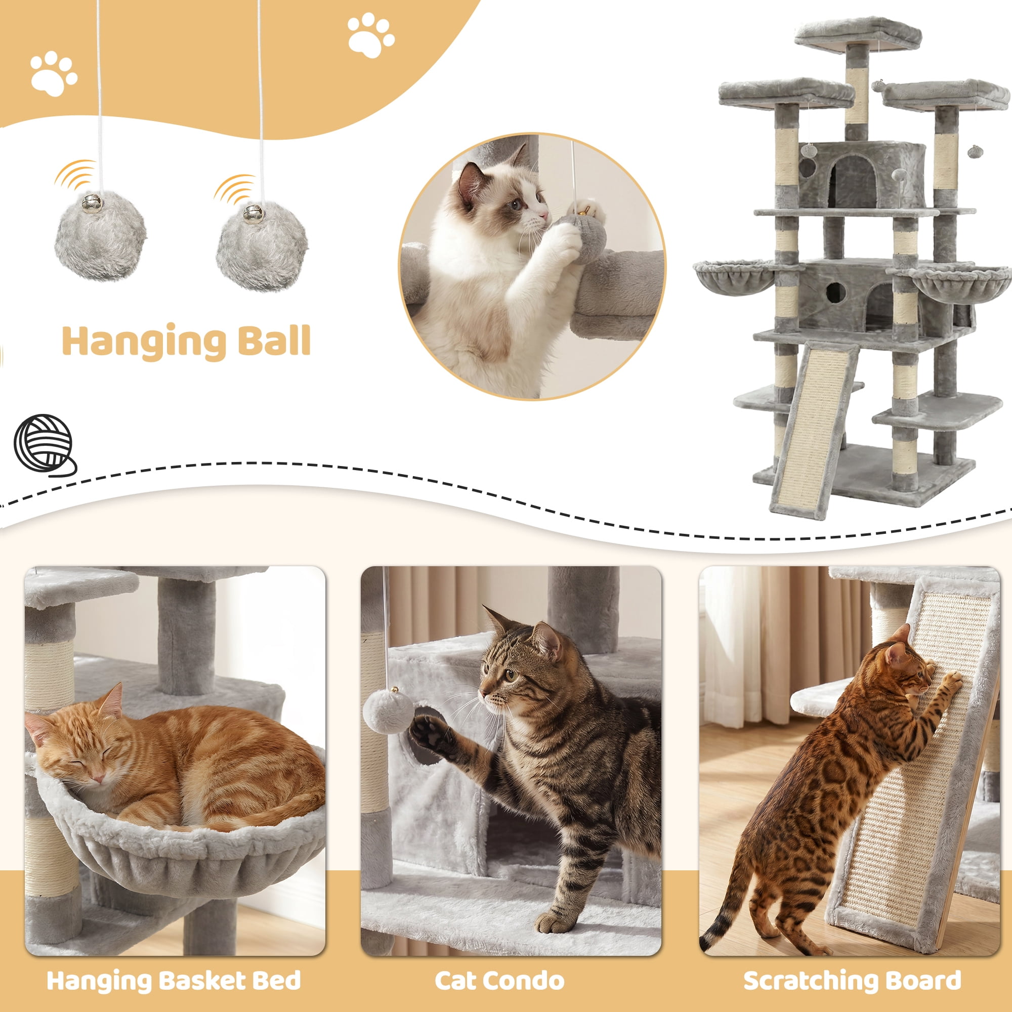 FOOWIN 70.8" Large Cat Tree, Multi-Level Cat Tower with Sisal Scratching Posts, Cat Activity Center Cat Play House, Gray