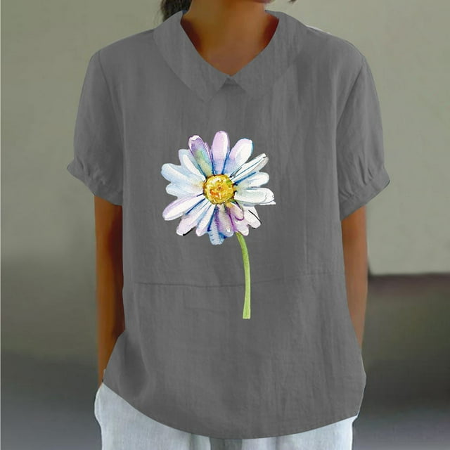 Blouses pour Femmes, T-Shirt Décontracté Imprimé Mode Manches Courtes Col Poupée Mignon Coton et Lin Blouse