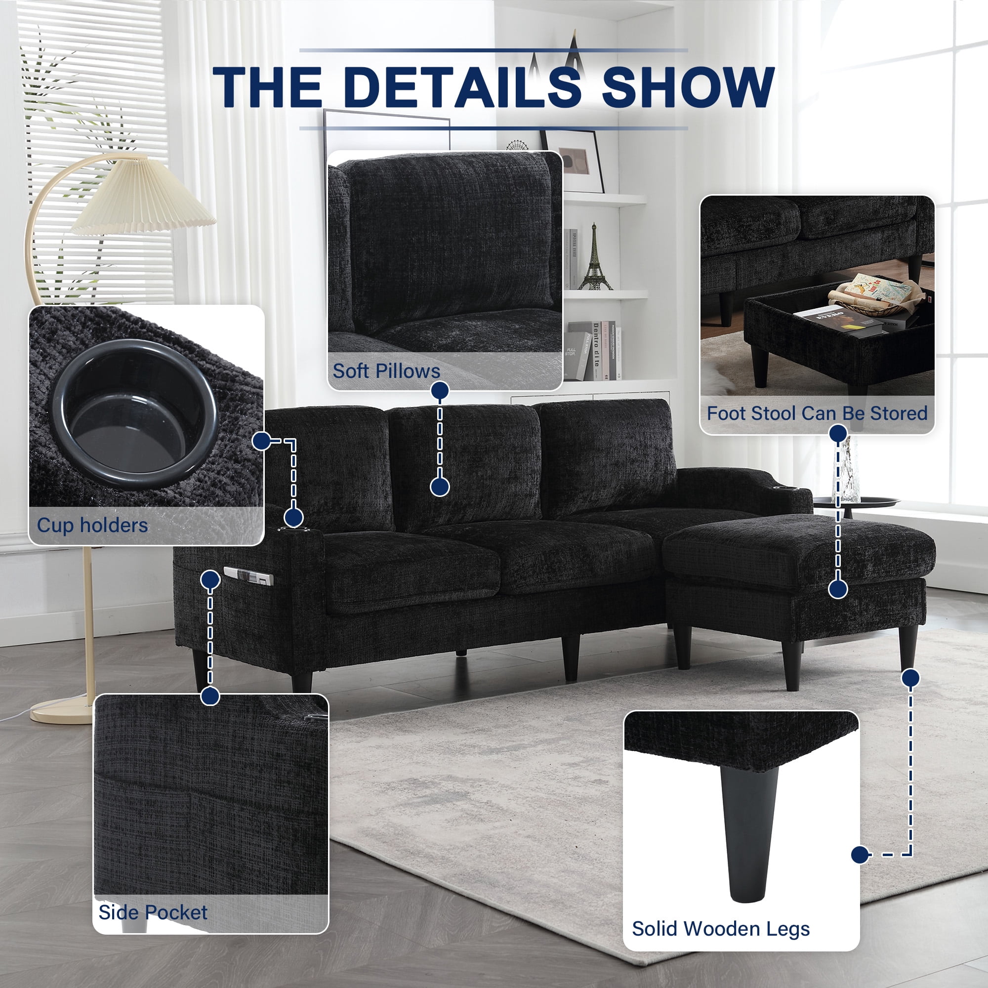 MOONMISS Chenille Upholstered L-Shaped Living Room Sofa with Storage Ottoman-Black