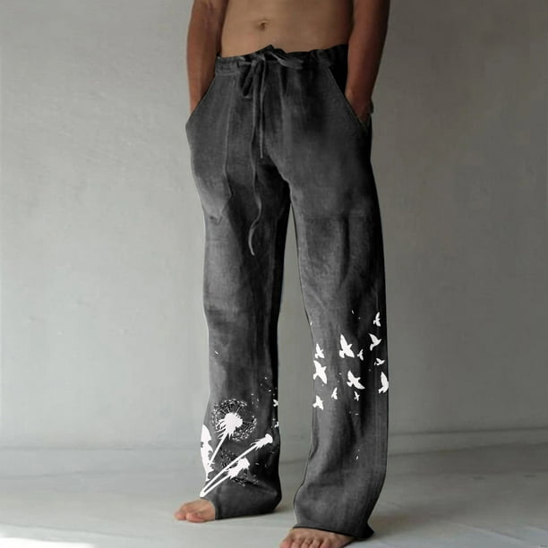 Pantalones largos de verano para hombre, de algodón y lino, con pierna ancha, estampados, con cordones, para deportes y vacaciones