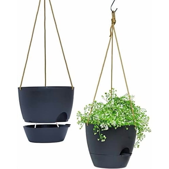 8 inch Hanging Planters, 2 Pack Self Watering Hanging Pots with 20oZ Deep Reservoir for Indoor Outdoor Plants Flowers, Black